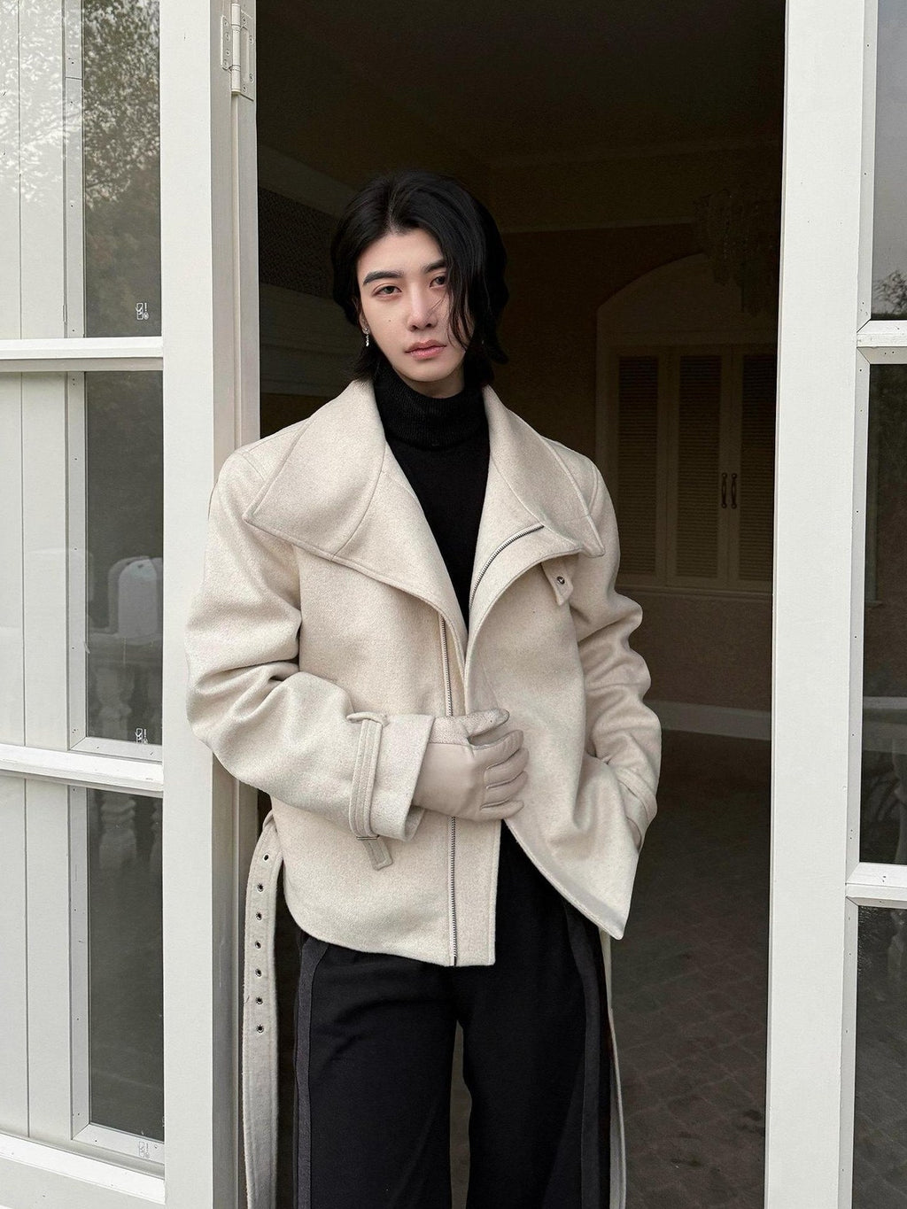 BALITONE Wrinkle Resistant Wool Blend Zip Stand Collar Unisex Cropped Wool Jackets