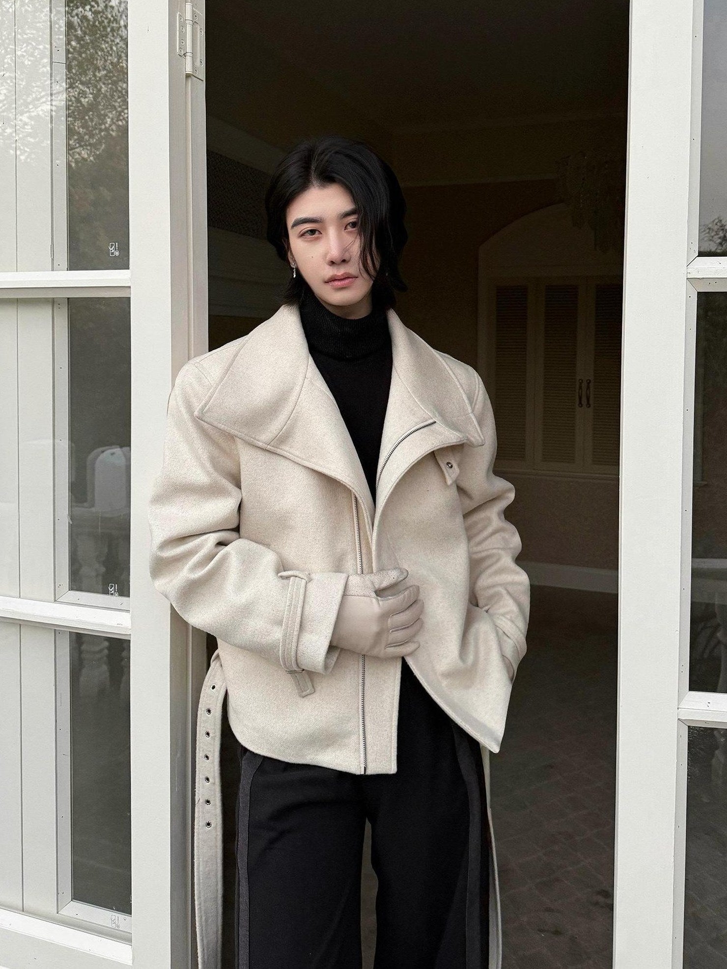 BALITONE Wrinkle Resistant Wool Blend Zip Stand Collar Unisex Cropped Wool Jackets