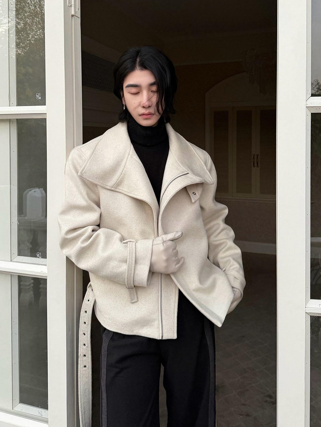 BALITONE Wrinkle Resistant Wool Blend Zip Stand Collar Unisex Cropped Wool Jackets