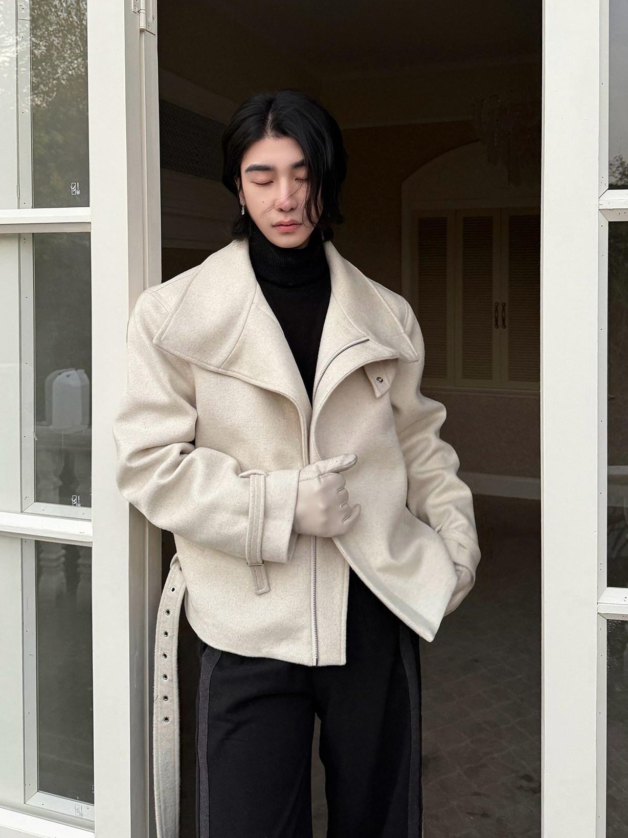BALITONE Wrinkle Resistant Wool Blend Zip Stand Collar Unisex Cropped Wool Jackets