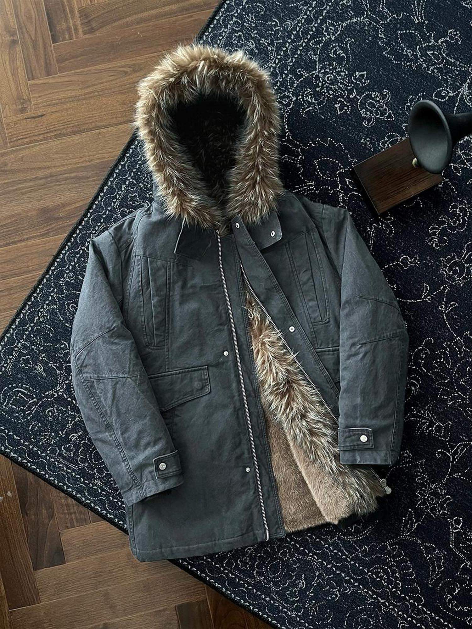 CATSSTAC 90 Percent White Duck Down Mid Length Loose Casual Black Wolf Totem Coats