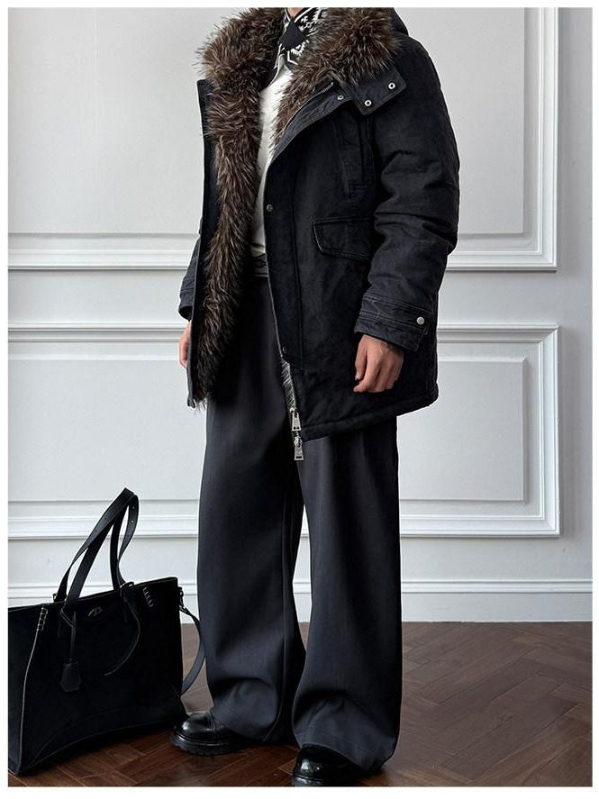 CATSSTAC 90 Percent White Duck Down Mid Length Loose Casual Black Wolf Totem Coats