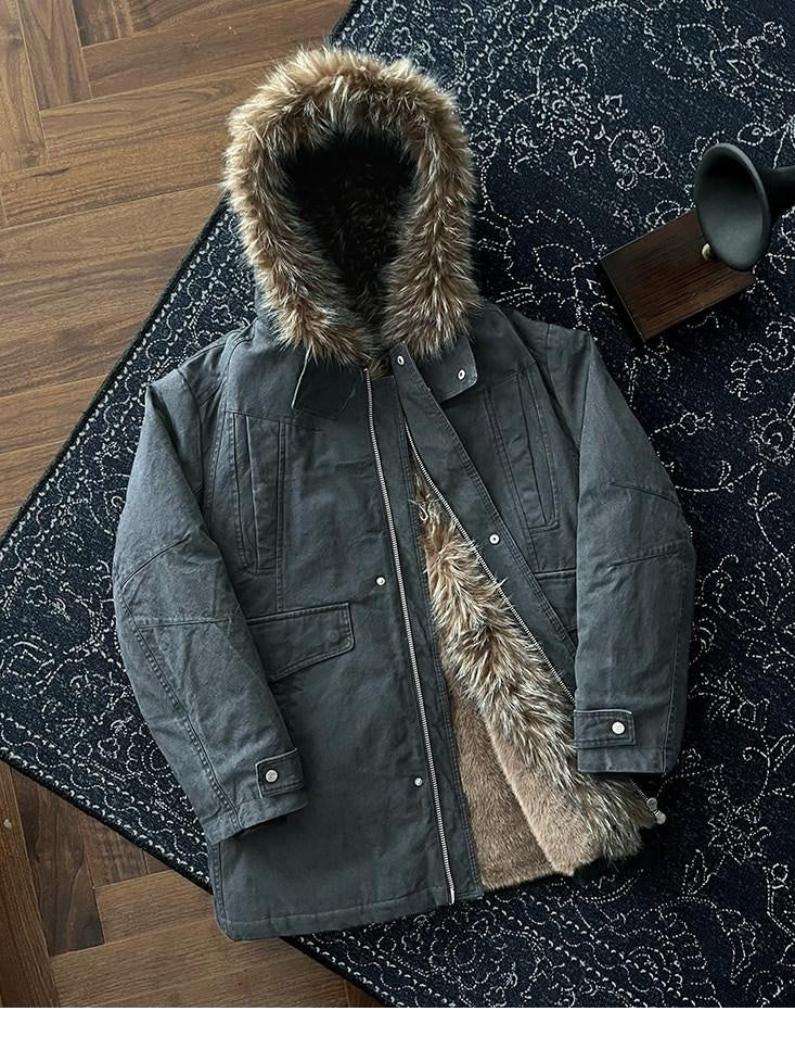 CATSSTAC 90 Percent White Duck Down Mid Length Loose Casual Black Wolf Totem Coats