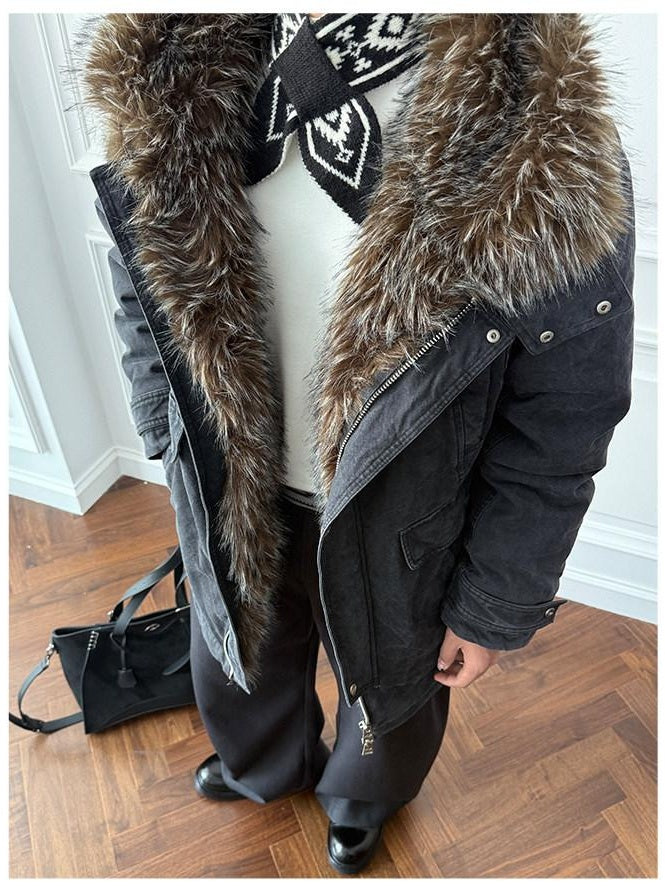 CATSSTAC 90 Percent White Duck Down Mid Length Loose Casual Black Wolf Totem Coats