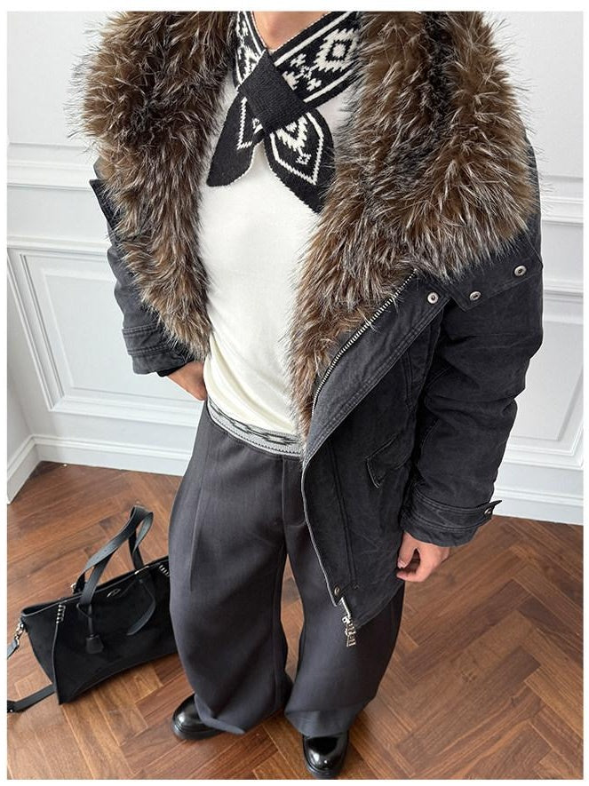 CATSSTAC 90 Percent White Duck Down Mid Length Loose Casual Black Wolf Totem Coats