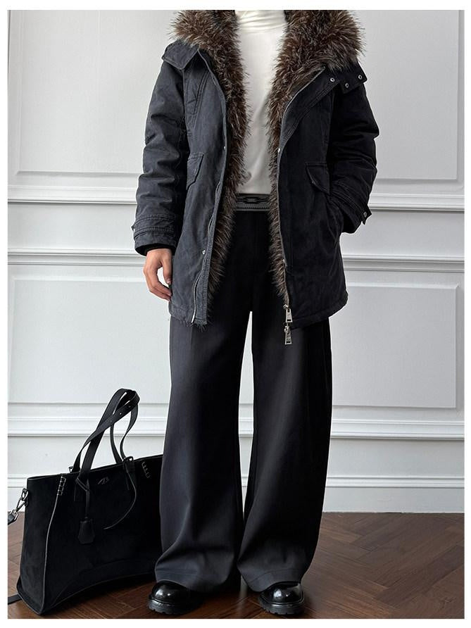 CATSSTAC 90 Percent White Duck Down Mid Length Loose Casual Black Wolf Totem Coats