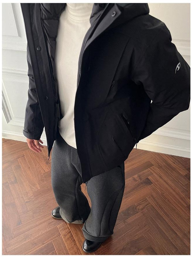 CATSSTAC 90 Percent White Duck Down Warm Thick Casual Loose Fit Zipper Black Down Jackets