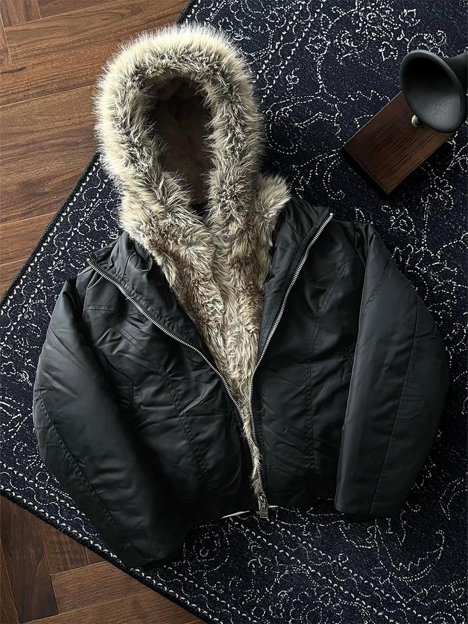 CATSSTAC 90 White Duck Down Thick Nylon Faux Layered Commuter Zip Black Down Jackets