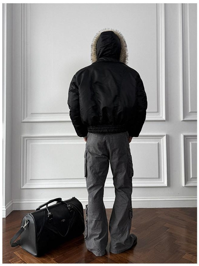 CATSSTAC 90 White Duck Down Thick Nylon Faux Layered Commuter Zip Black Down Jackets