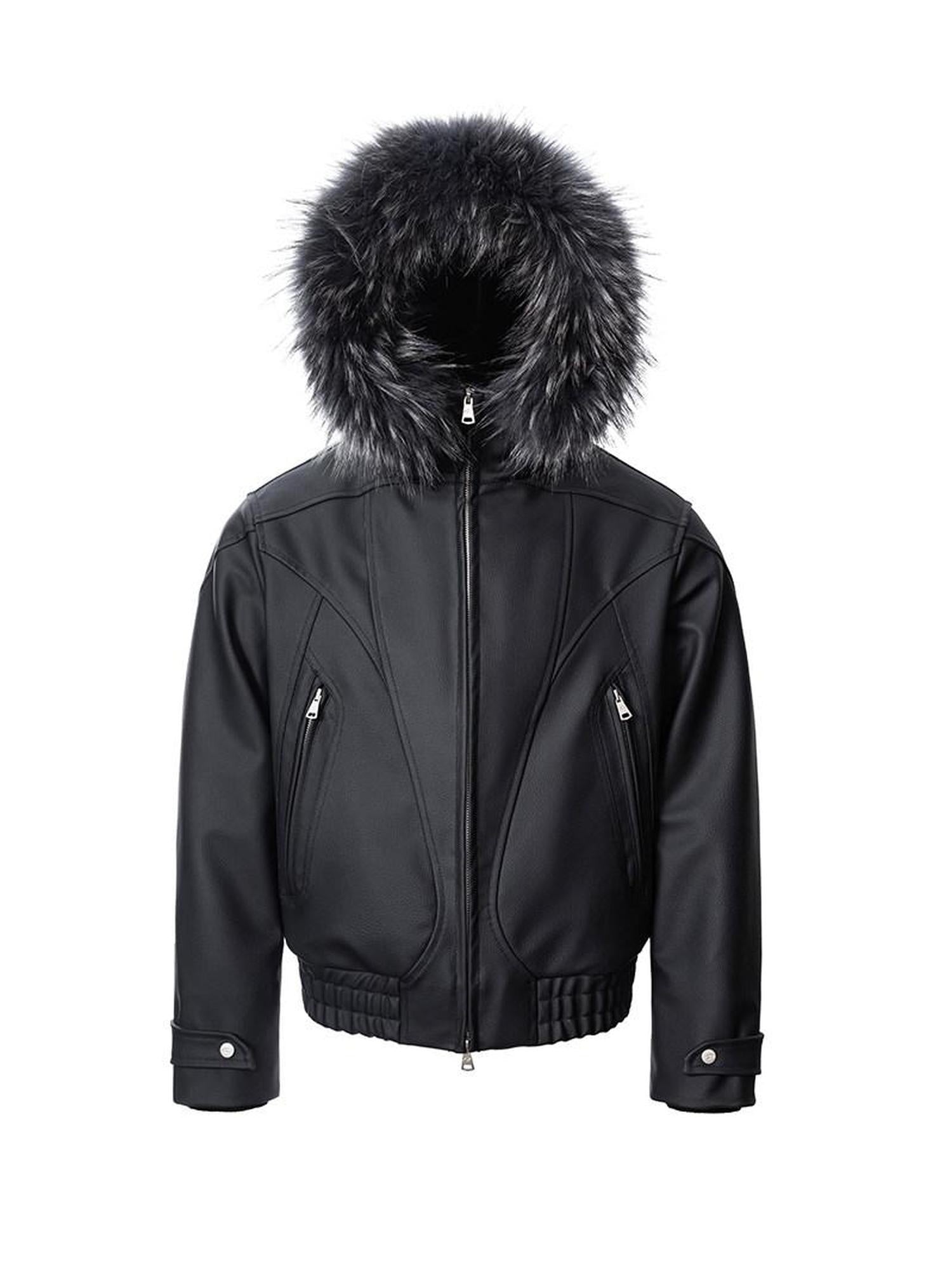 CATSSTAC Black Hooded Zip Oversized Loose Fit Unisex Youth Casual Leather Jackets