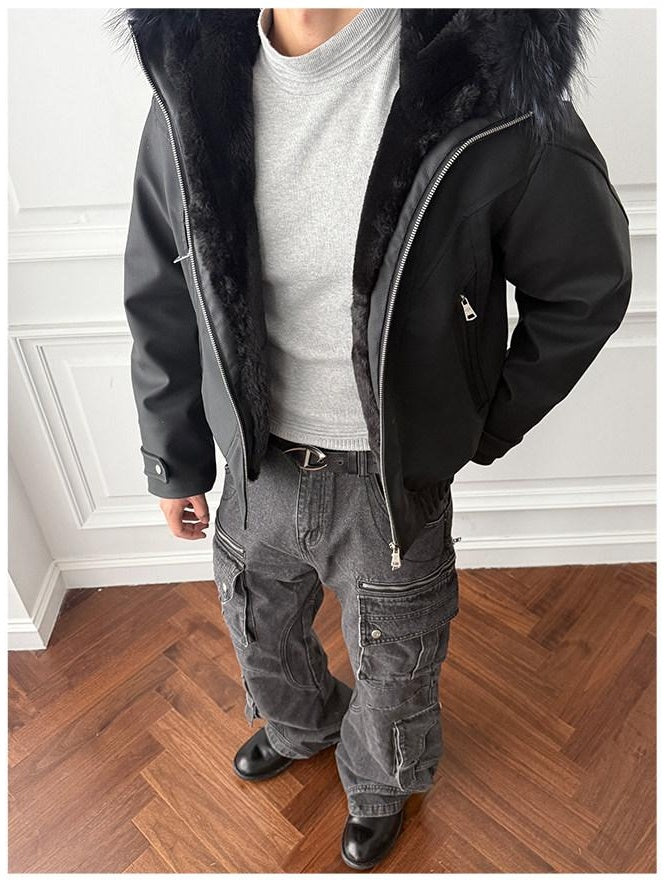 CATSSTAC Black Hooded Zip Oversized Loose Fit Unisex Youth Casual Leather Jackets