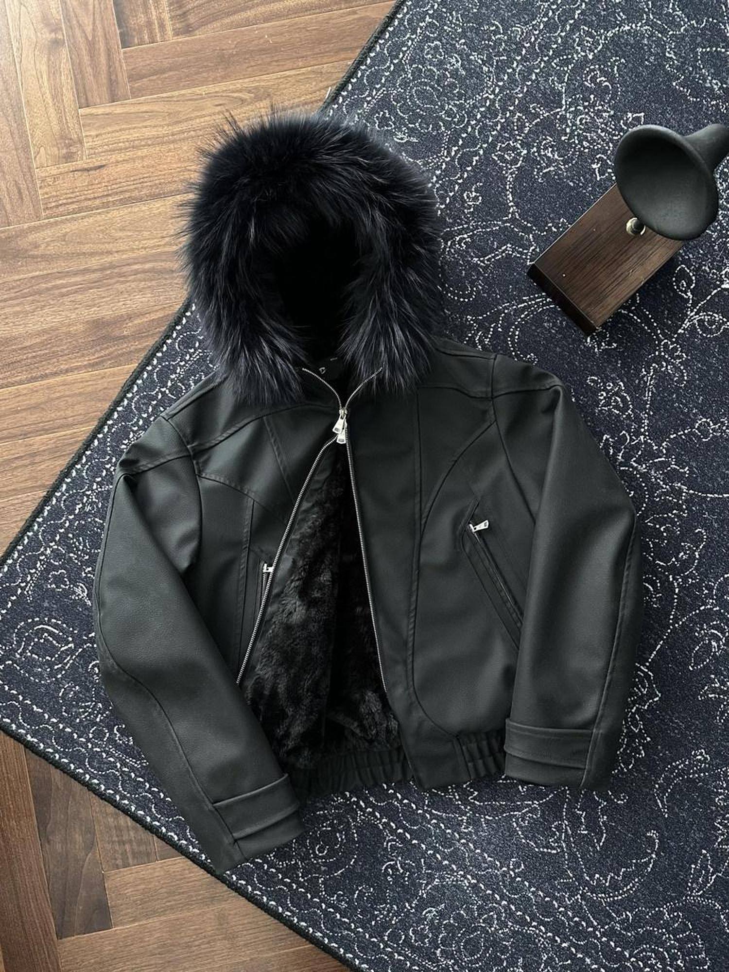 CATSSTAC Black Hooded Zip Oversized Loose Fit Unisex Youth Casual Leather Jackets