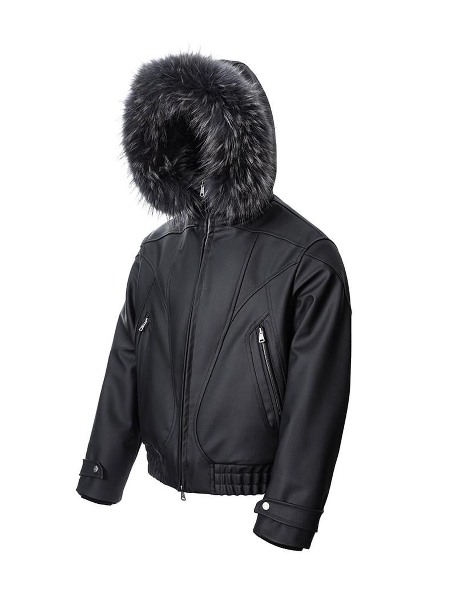 CATSSTAC Black Hooded Zip Oversized Loose Fit Unisex Youth Casual Leather Jackets
