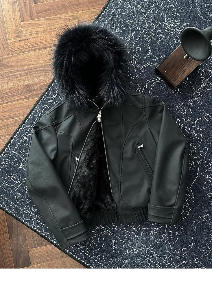 CATSSTAC Black Hooded Zip Oversized Loose Fit Unisex Youth Casual Leather Jackets