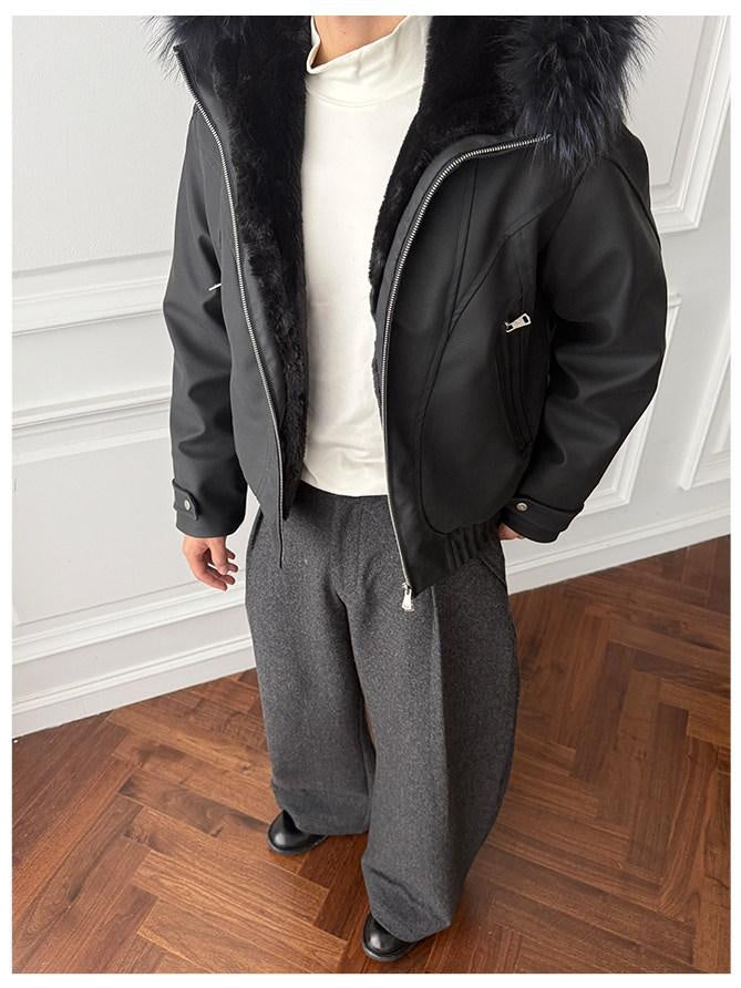 CATSSTAC Black Hooded Zip Oversized Loose Fit Unisex Youth Casual Leather Jackets