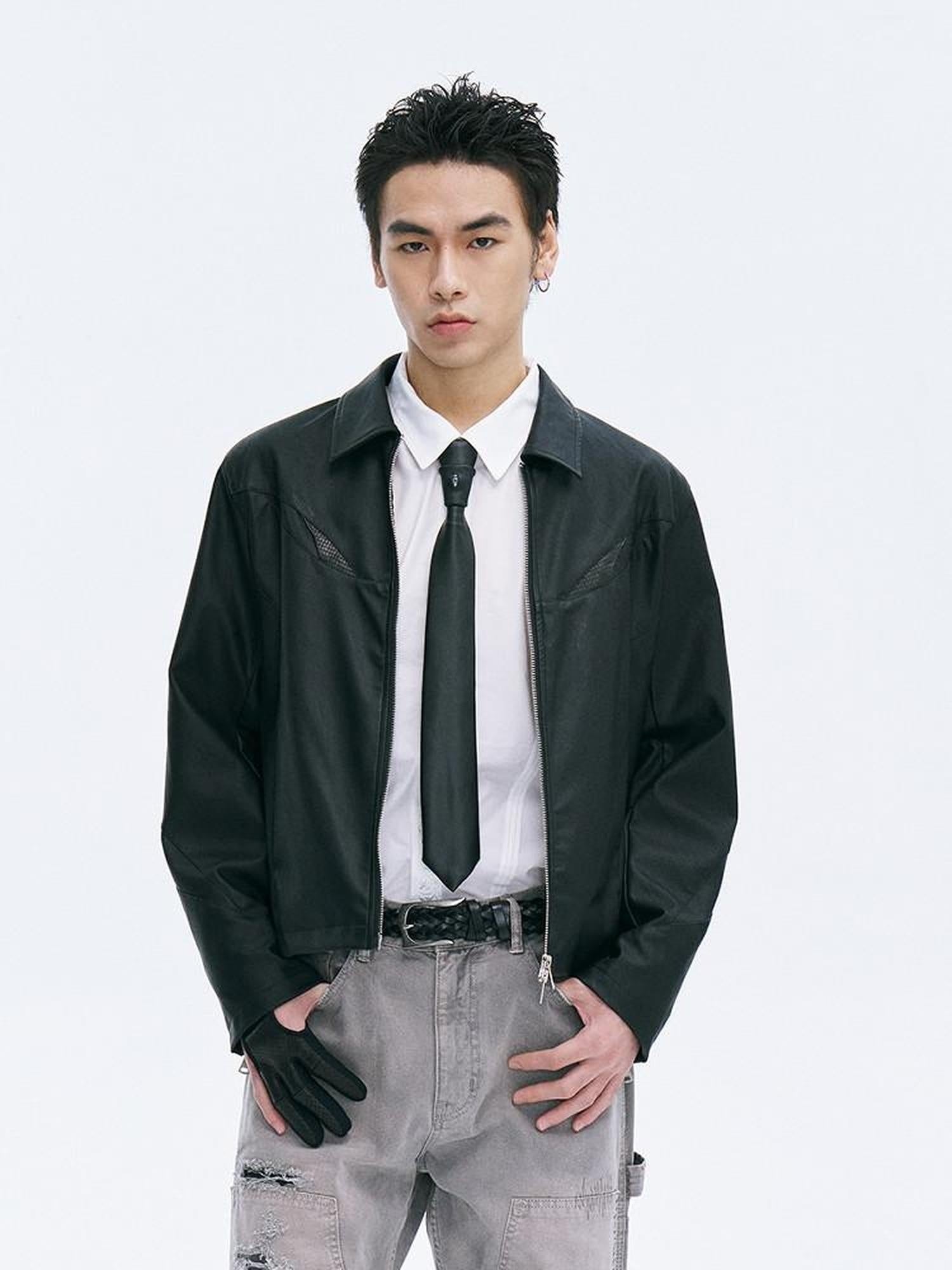 CATSSTAC Black Loose Fit Trendy Faux Leather Lapel Collar Youth Casual Leather Jackets