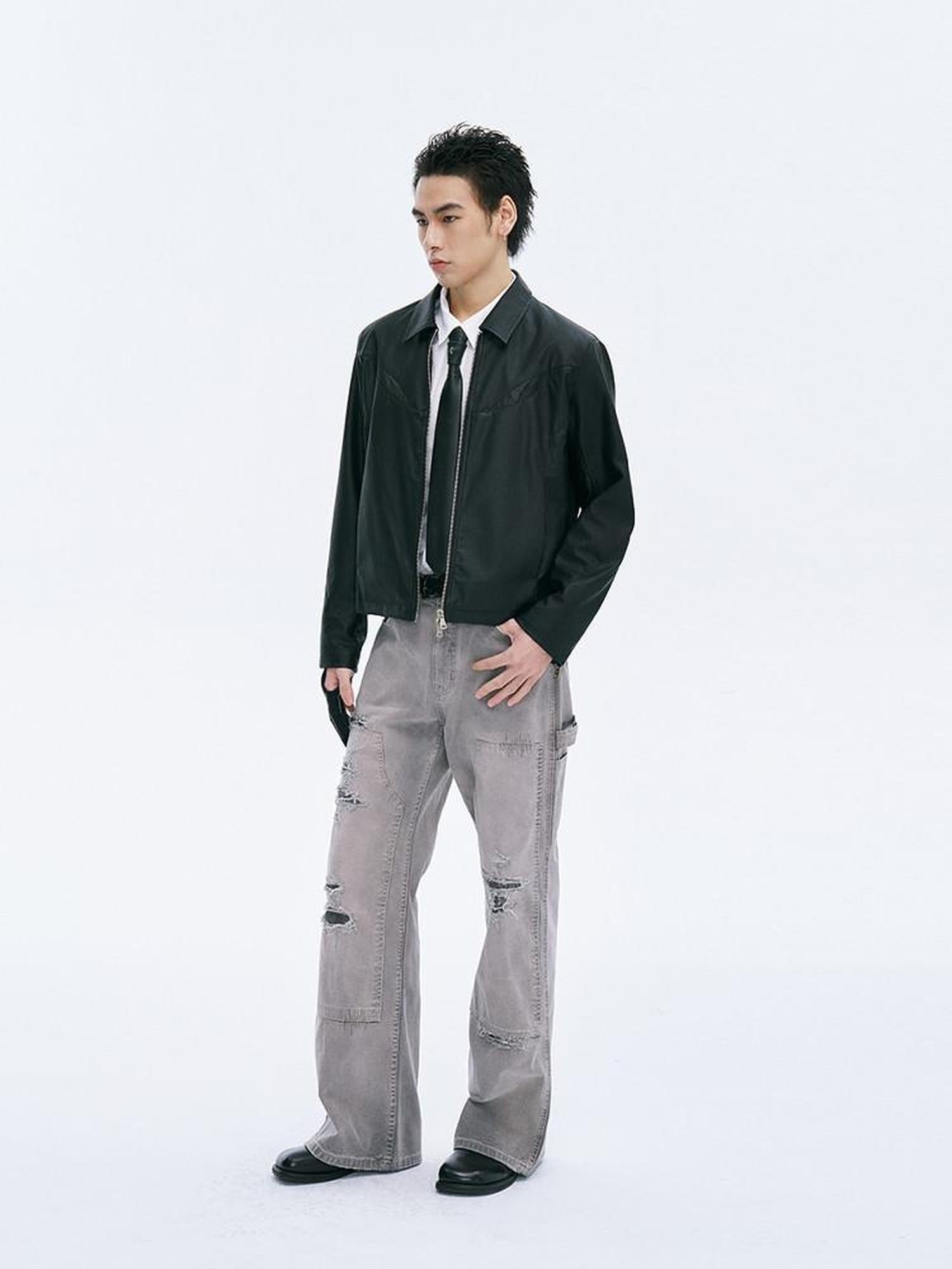 CATSSTAC Black Loose Fit Trendy Faux Leather Lapel Collar Youth Casual Leather Jackets