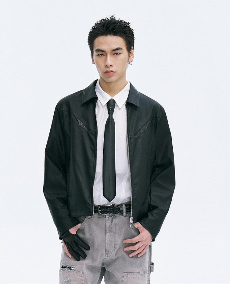CATSSTAC Black Loose Fit Trendy Faux Leather Lapel Collar Youth Casual Leather Jackets