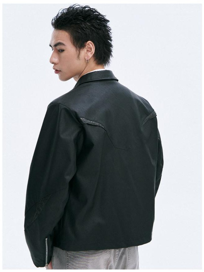 CATSSTAC Black Loose Fit Trendy Faux Leather Lapel Collar Youth Casual Leather Jackets
