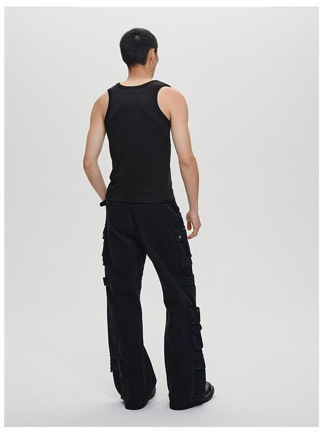 CATSSTAC Black Mid Rise Relaxed Straight Fit Trendy Youth Casual Street Straight Pants
