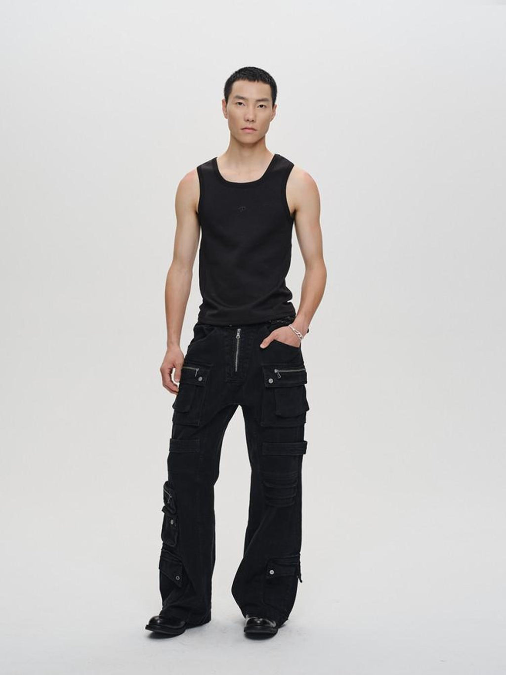 CATSSTAC Black Mid Rise Relaxed Straight Fit Trendy Youth Casual Street Straight Pants