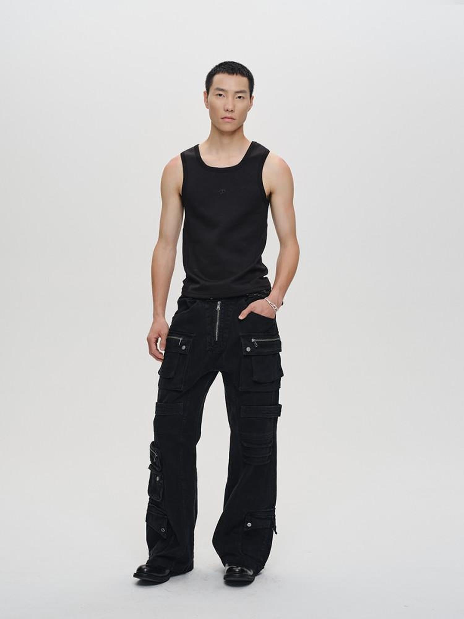 CATSSTAC Black Mid Rise Relaxed Straight Fit Trendy Youth Casual Street Straight Pants