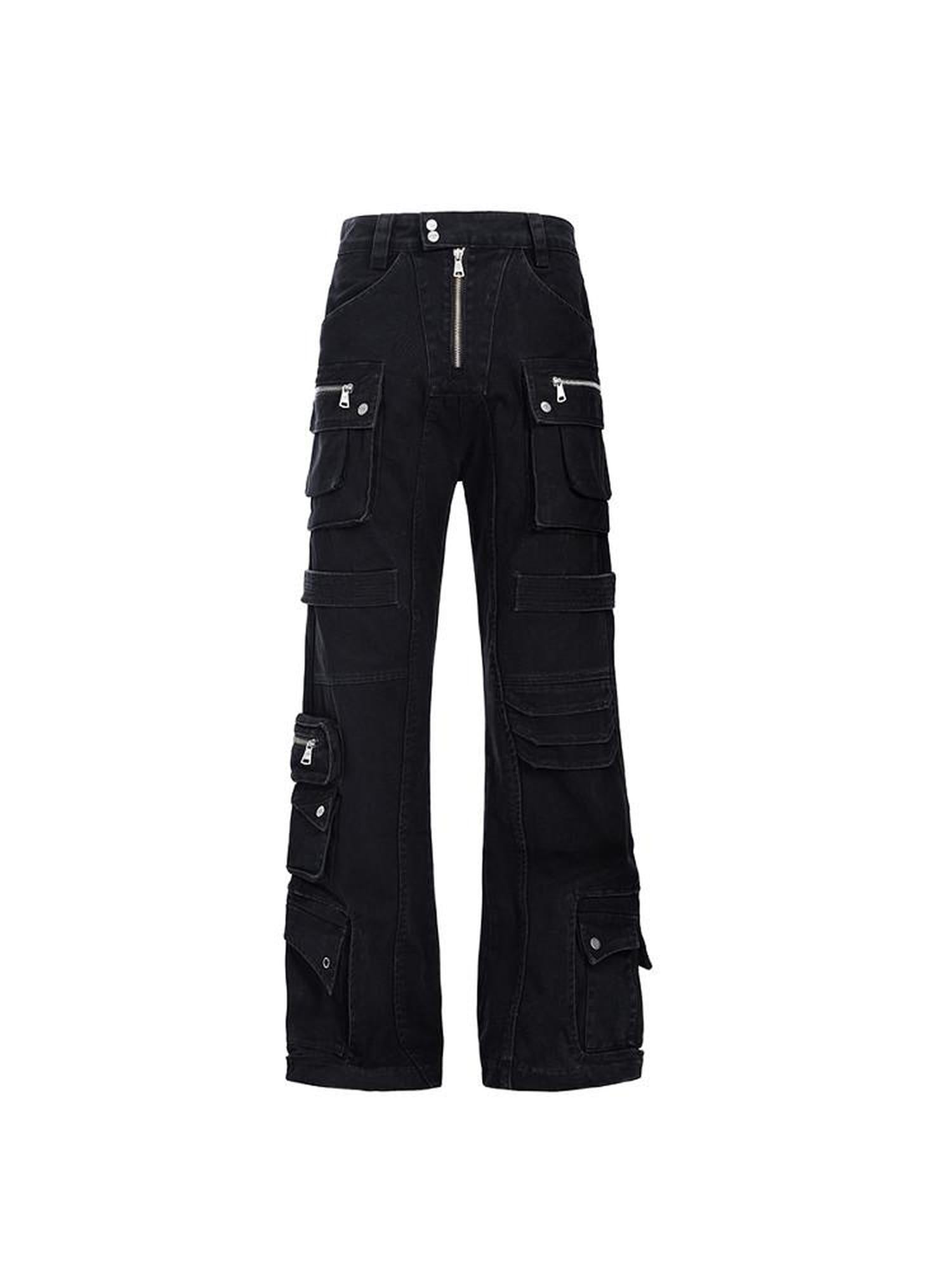 CATSSTAC Black Mid Rise Relaxed Straight Fit Trendy Youth Casual Street Straight Pants
