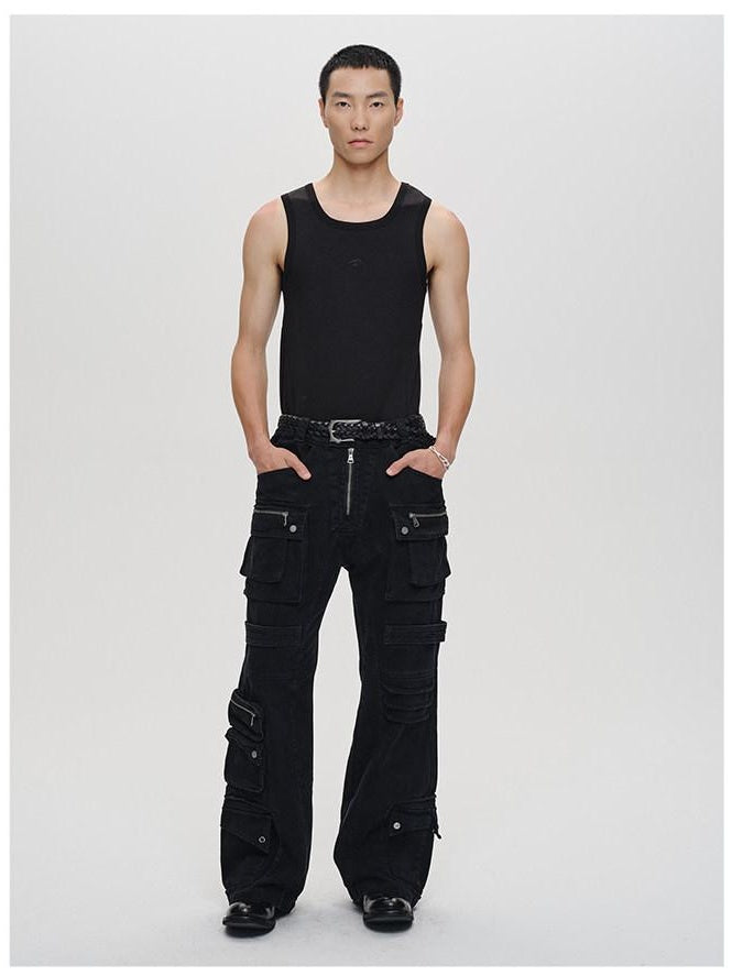 CATSSTAC Black Mid Rise Relaxed Straight Fit Trendy Youth Casual Street Straight Pants