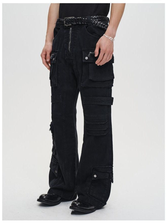 CATSSTAC Black Mid Rise Relaxed Straight Fit Trendy Youth Casual Street Straight Pants