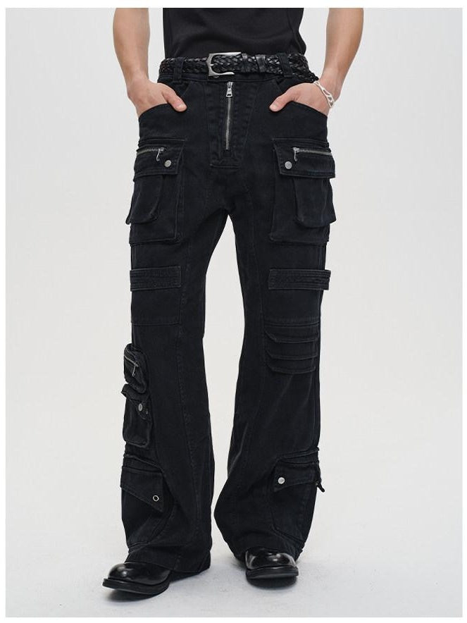 CATSSTAC Black Mid Rise Relaxed Straight Fit Trendy Youth Casual Street Straight Pants