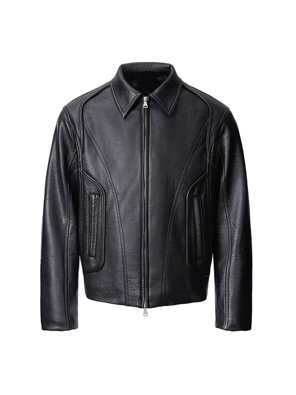 CATSSTAC Black Oversized Casual Unisex Zip Front Embossed Mountain Detail Leather Jackets