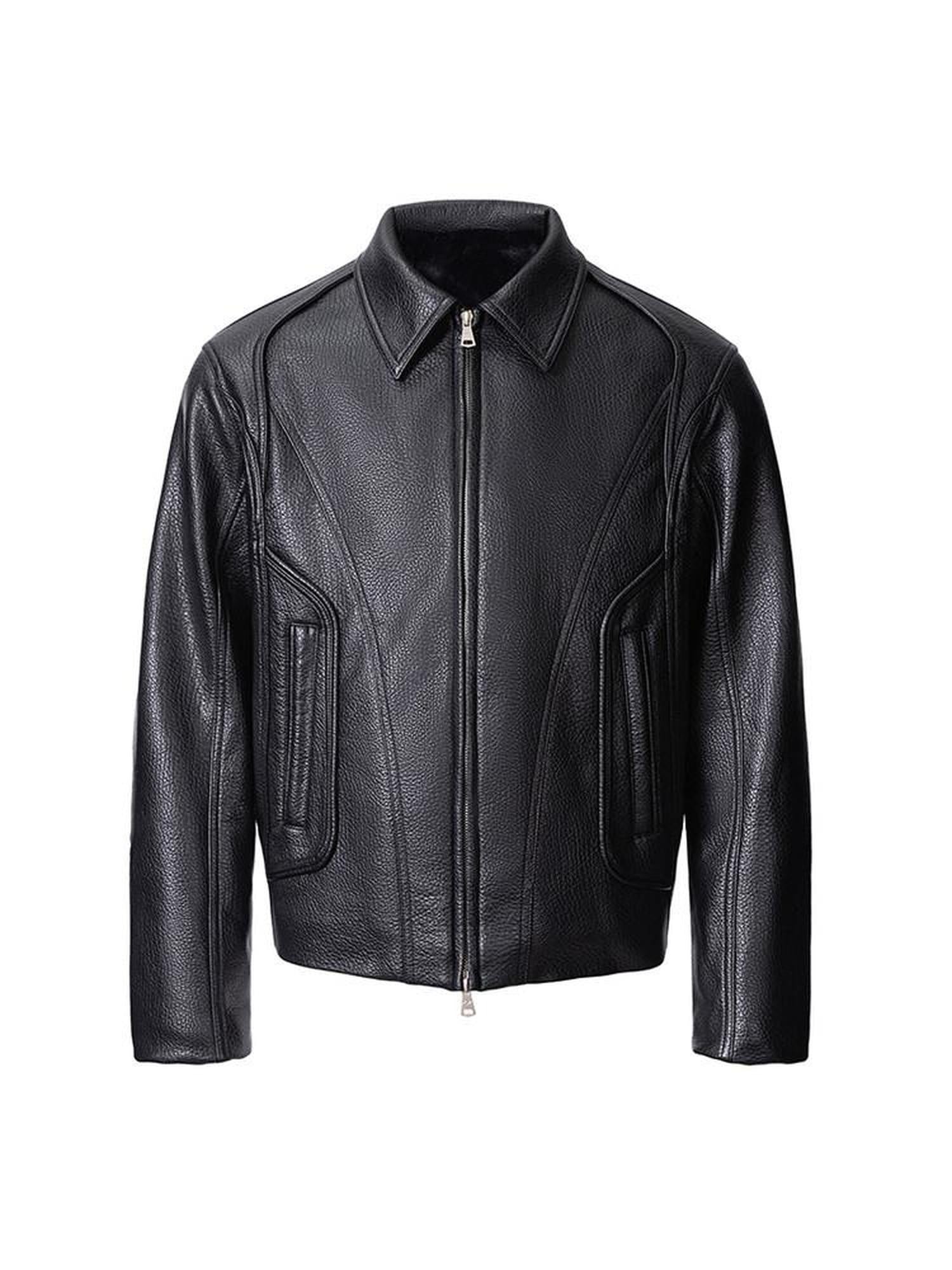 CATSSTAC Black Oversized Casual Unisex Zip Front Embossed Mountain Detail Leather Jackets