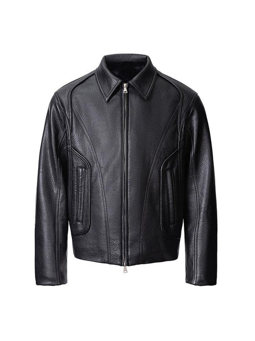 CATSSTAC Black Oversized Casual Unisex Zip Front Embossed Mountain Detail Leather Jackets