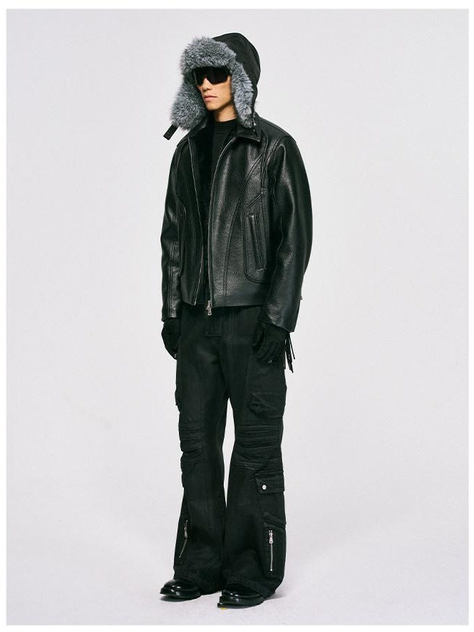 CATSSTAC Black Oversized Casual Unisex Zip Front Embossed Mountain Detail Leather Jackets