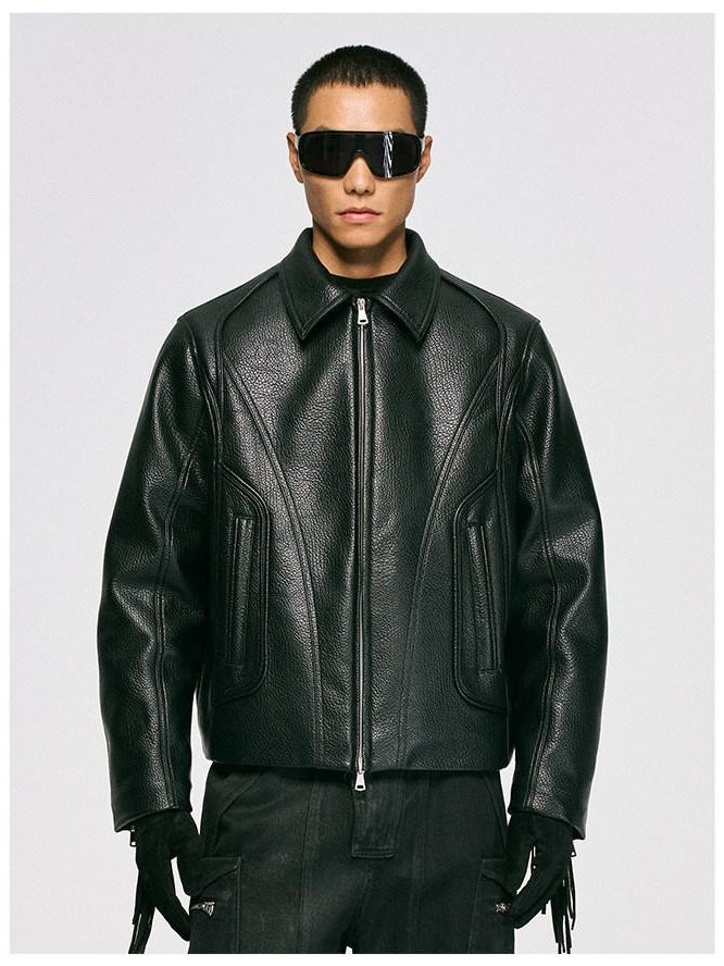 CATSSTAC Black Oversized Casual Unisex Zip Front Embossed Mountain Detail Leather Jackets
