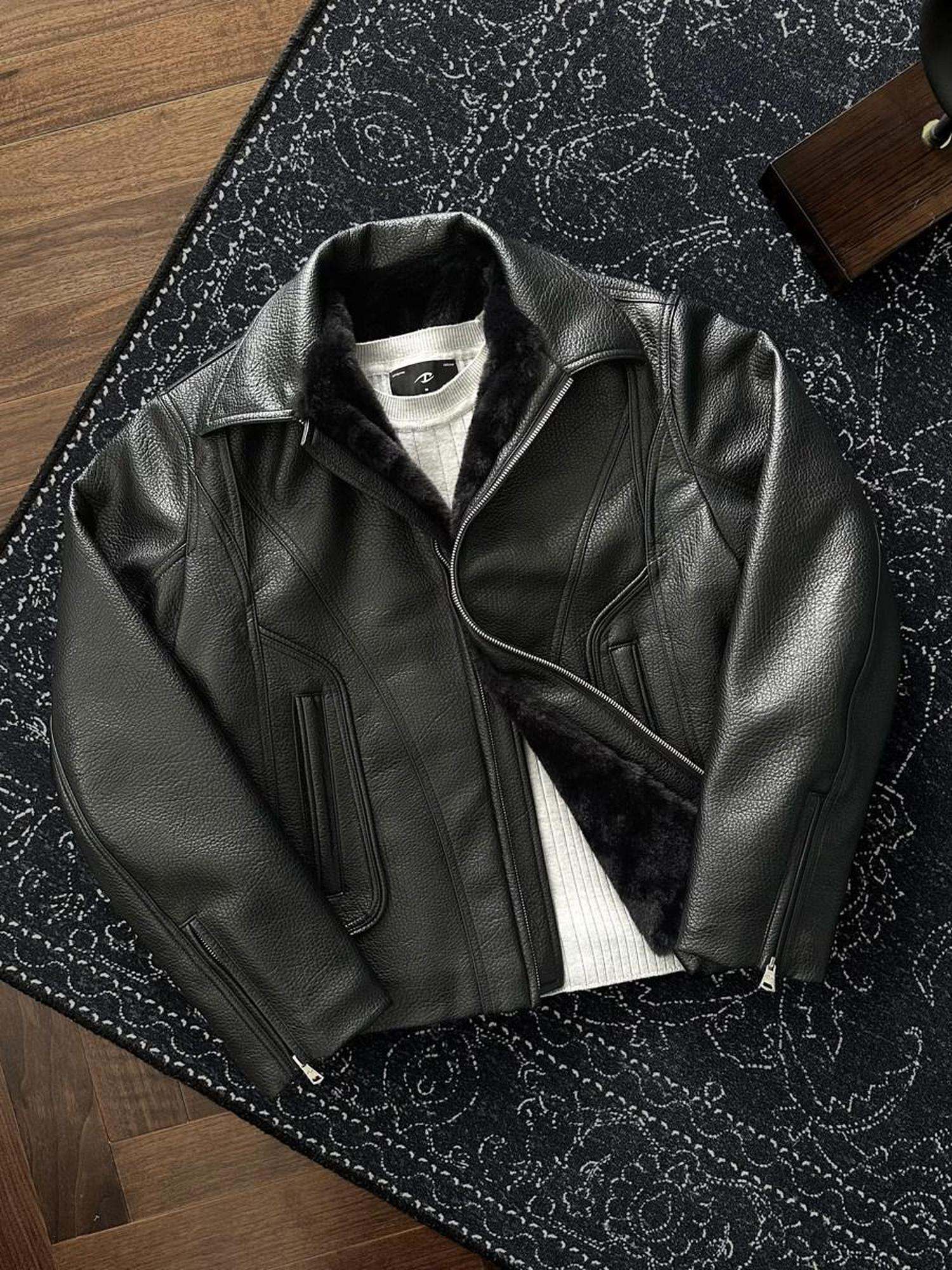 CATSSTAC Black Oversized Casual Unisex Zip Front Embossed Mountain Detail Leather Jackets