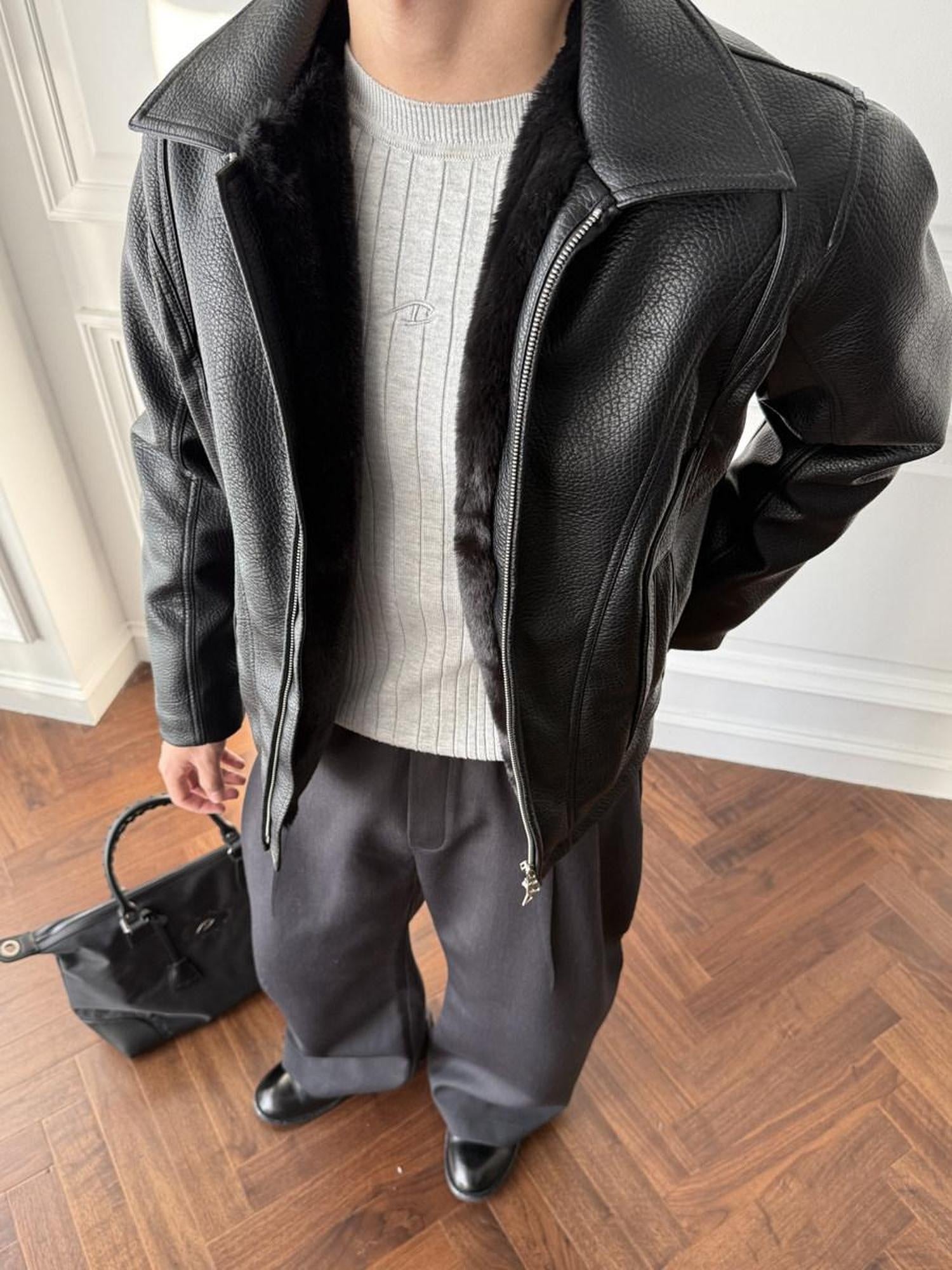 CATSSTAC Black Oversized Casual Unisex Zip Front Embossed Mountain Detail Leather Jackets