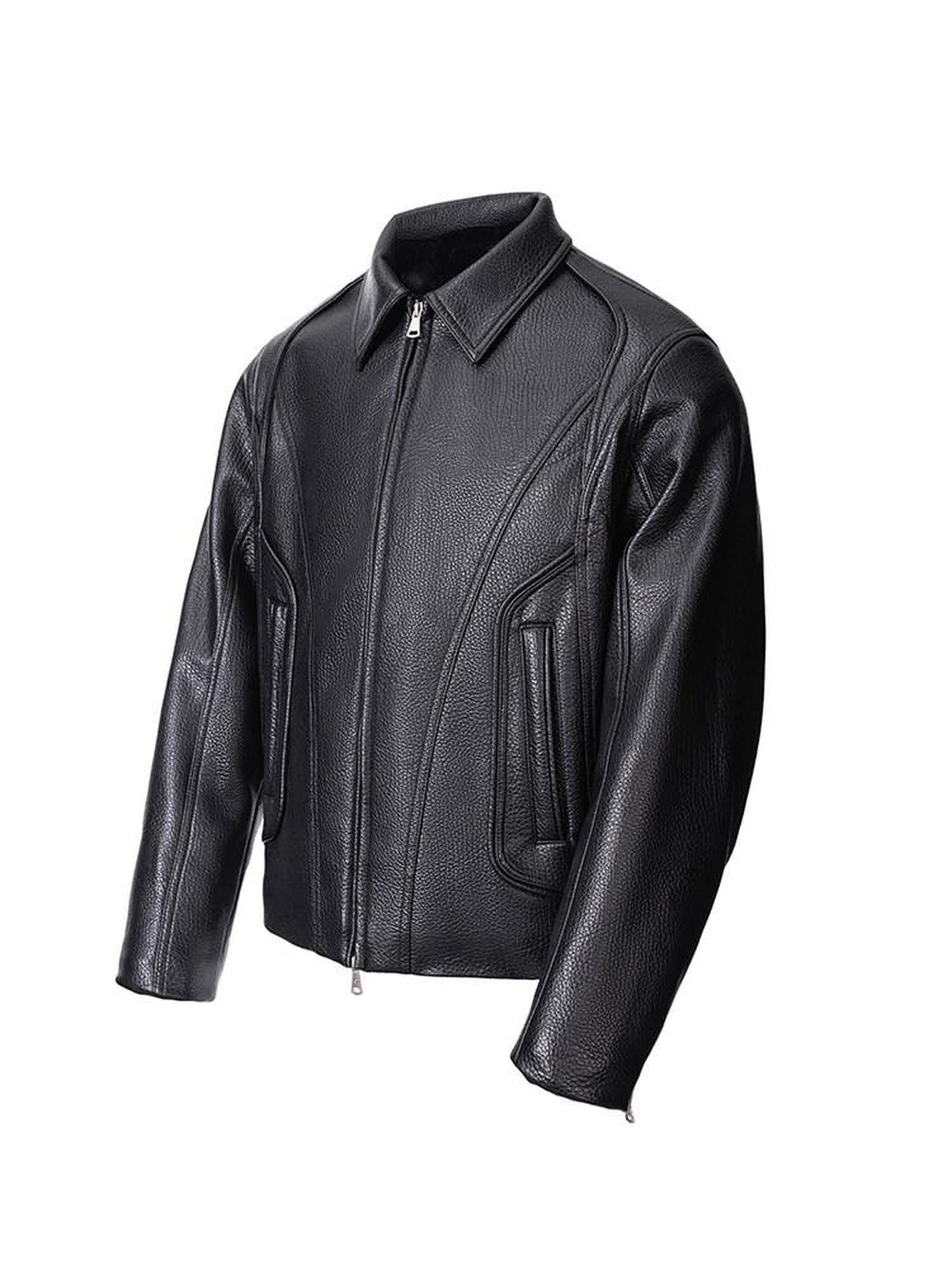 CATSSTAC Black Oversized Casual Unisex Zip Front Embossed Mountain Detail Leather Jackets