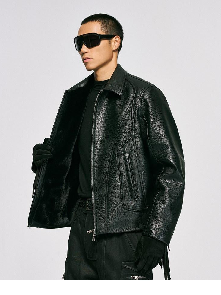 CATSSTAC Black Oversized Casual Unisex Zip Front Embossed Mountain Detail Leather Jackets
