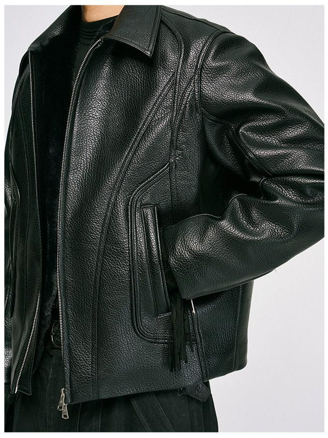 CATSSTAC Black Oversized Casual Unisex Zip Front Embossed Mountain Detail Leather Jackets