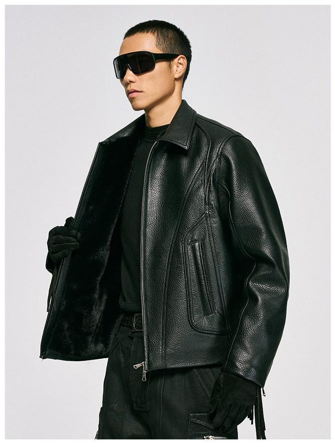 CATSSTAC Black Oversized Casual Unisex Zip Front Embossed Mountain Detail Leather Jackets
