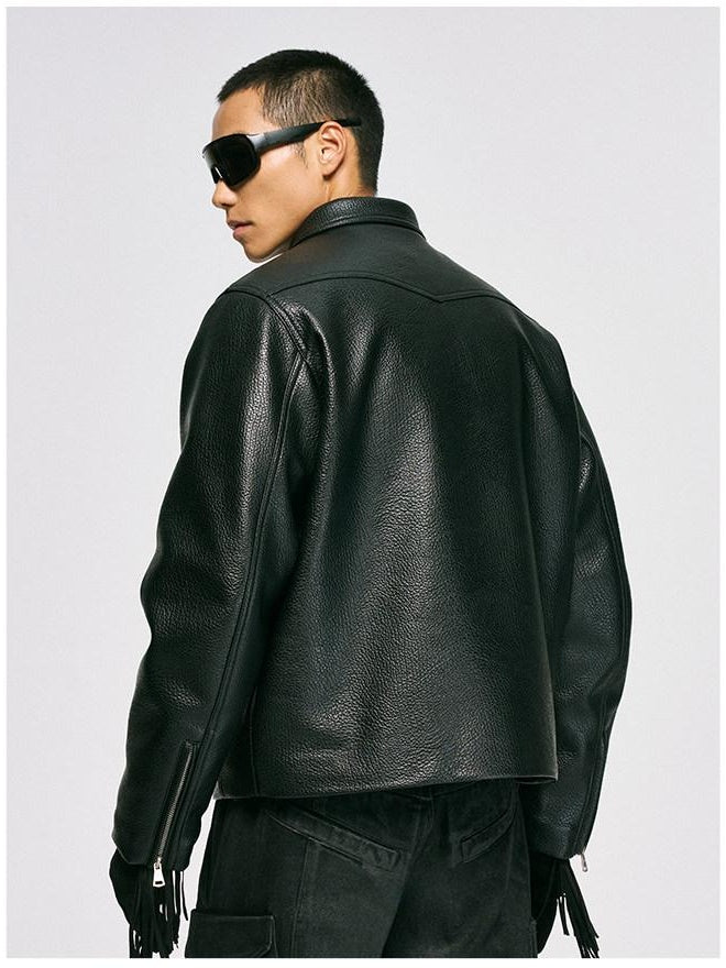 CATSSTAC Black Oversized Casual Unisex Zip Front Embossed Mountain Detail Leather Jackets