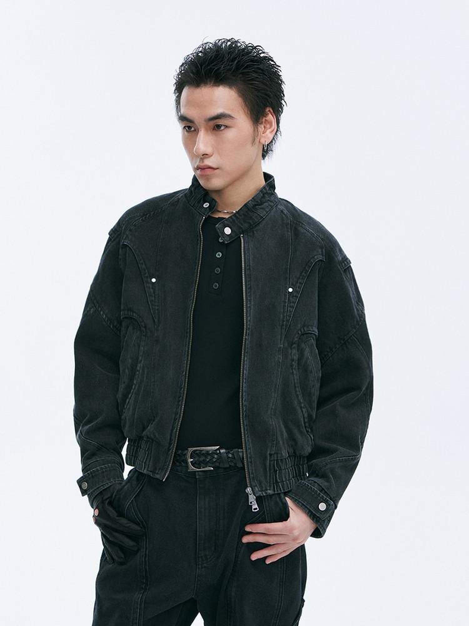 CATSSTAC Black Oversized Stand Collar Youth Streetwear Relaxed Long Sleeve Denim Jackets