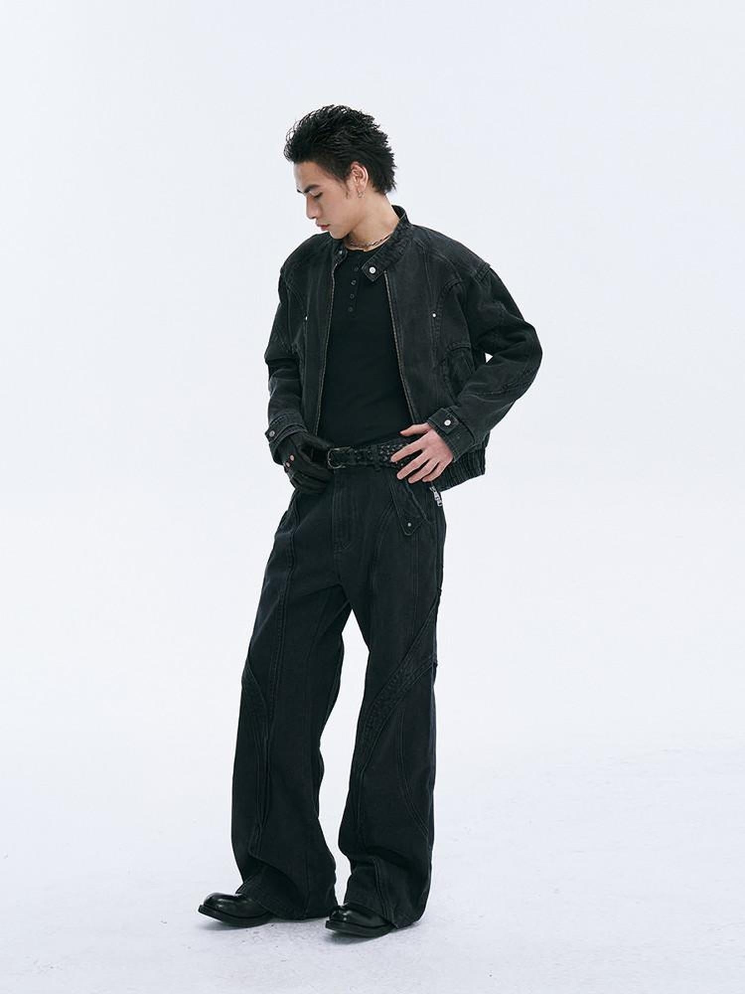 CATSSTAC Black Oversized Stand Collar Youth Streetwear Relaxed Long Sleeve Denim Jackets