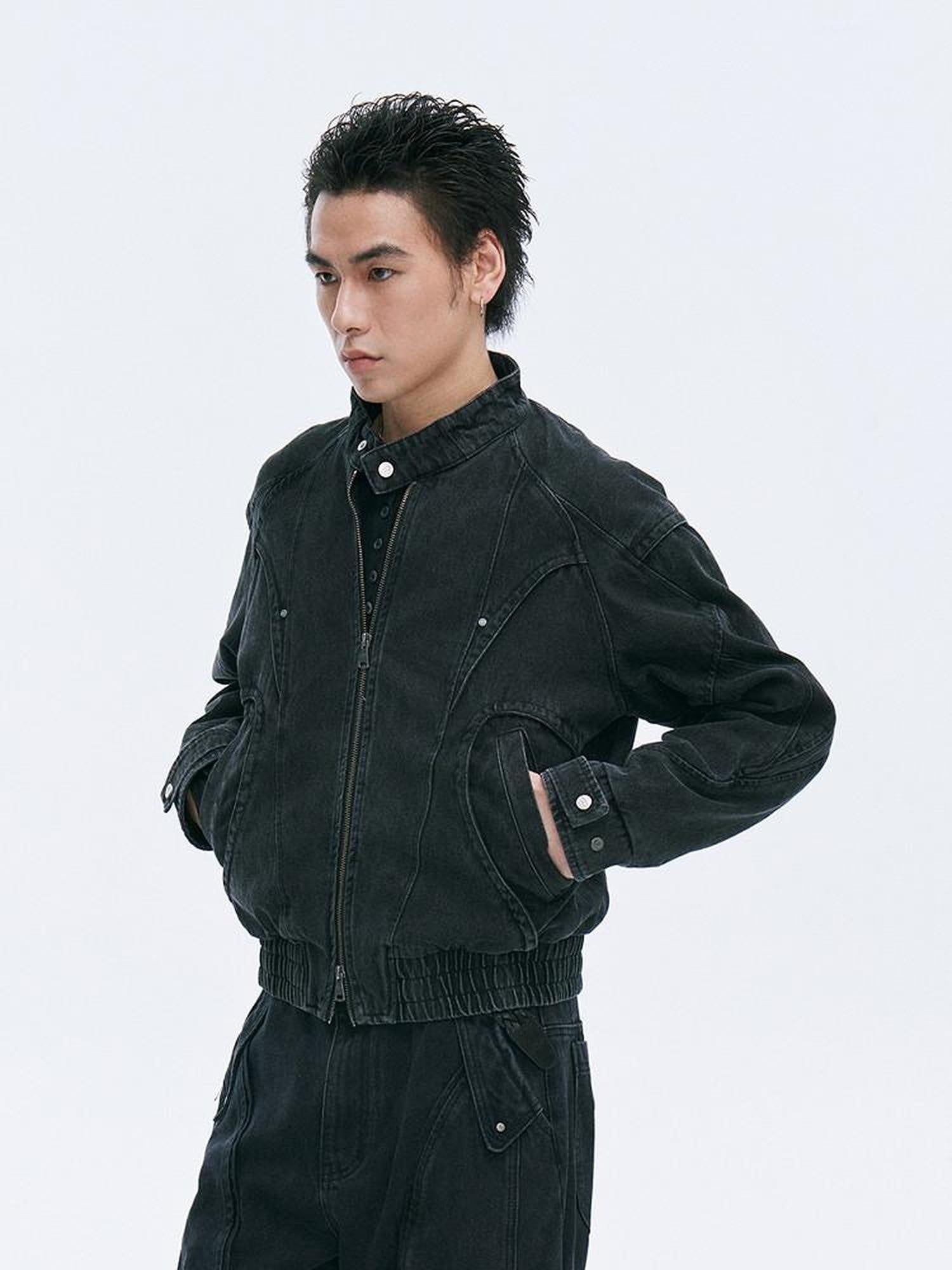CATSSTAC Black Oversized Stand Collar Youth Streetwear Relaxed Long Sleeve Denim Jackets