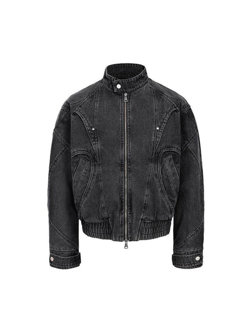 CATSSTAC Black Oversized Stand Collar Youth Streetwear Relaxed Long Sleeve Denim Jackets