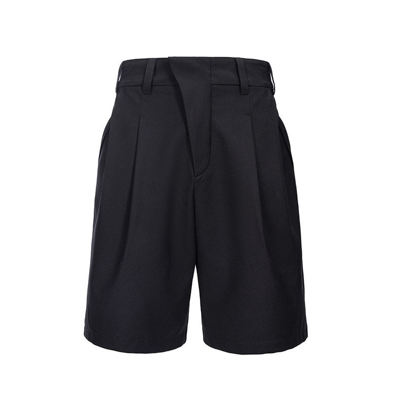 CATSSTAC_Black_Sheepskin_Pleated_Loose_Straight_Zipper_Fly_Youth_Tailored_Shorts_MISSTT