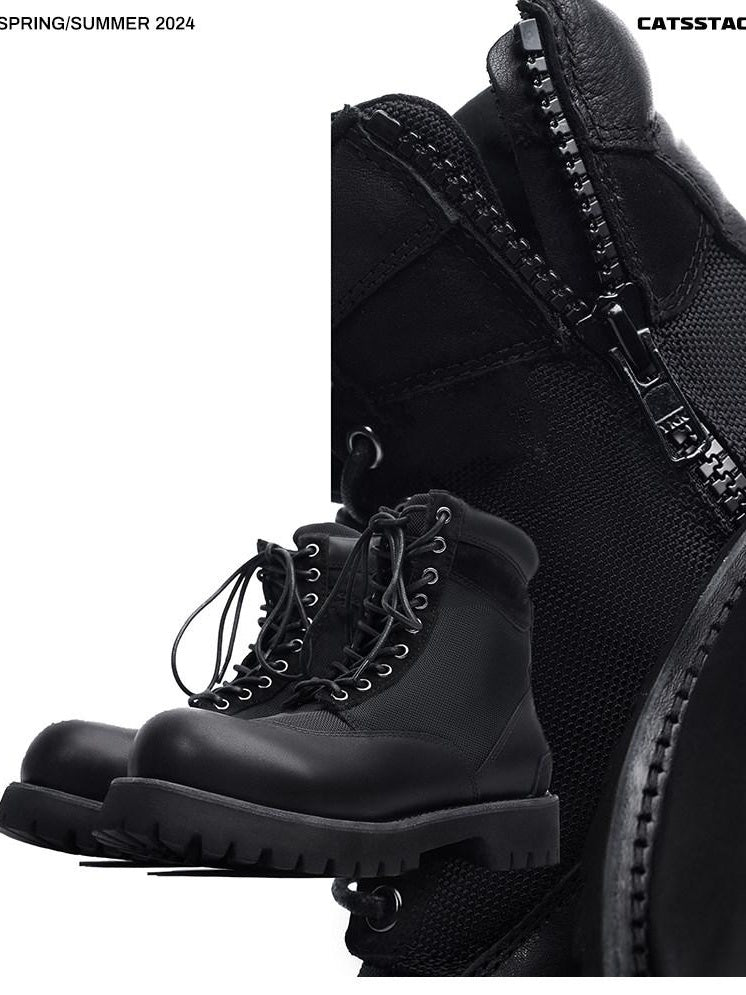 CATSSTAC Breathable Casual Leather Zipper Chunky Sole Black High-Top Leather Boots