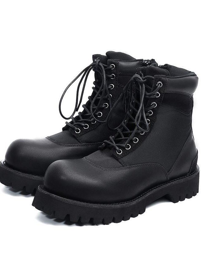 CATSSTAC Breathable Casual Leather Zipper Chunky Sole Black High-Top Leather Boots