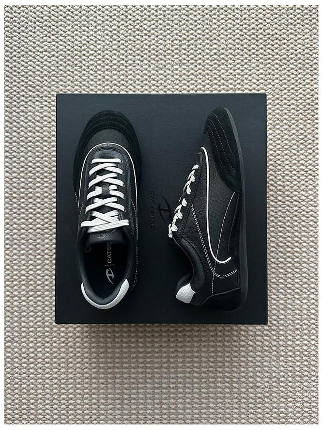 CATSSTAC Breathable Genuine Suede Stitched Lace Up Casual Youth Black Flats